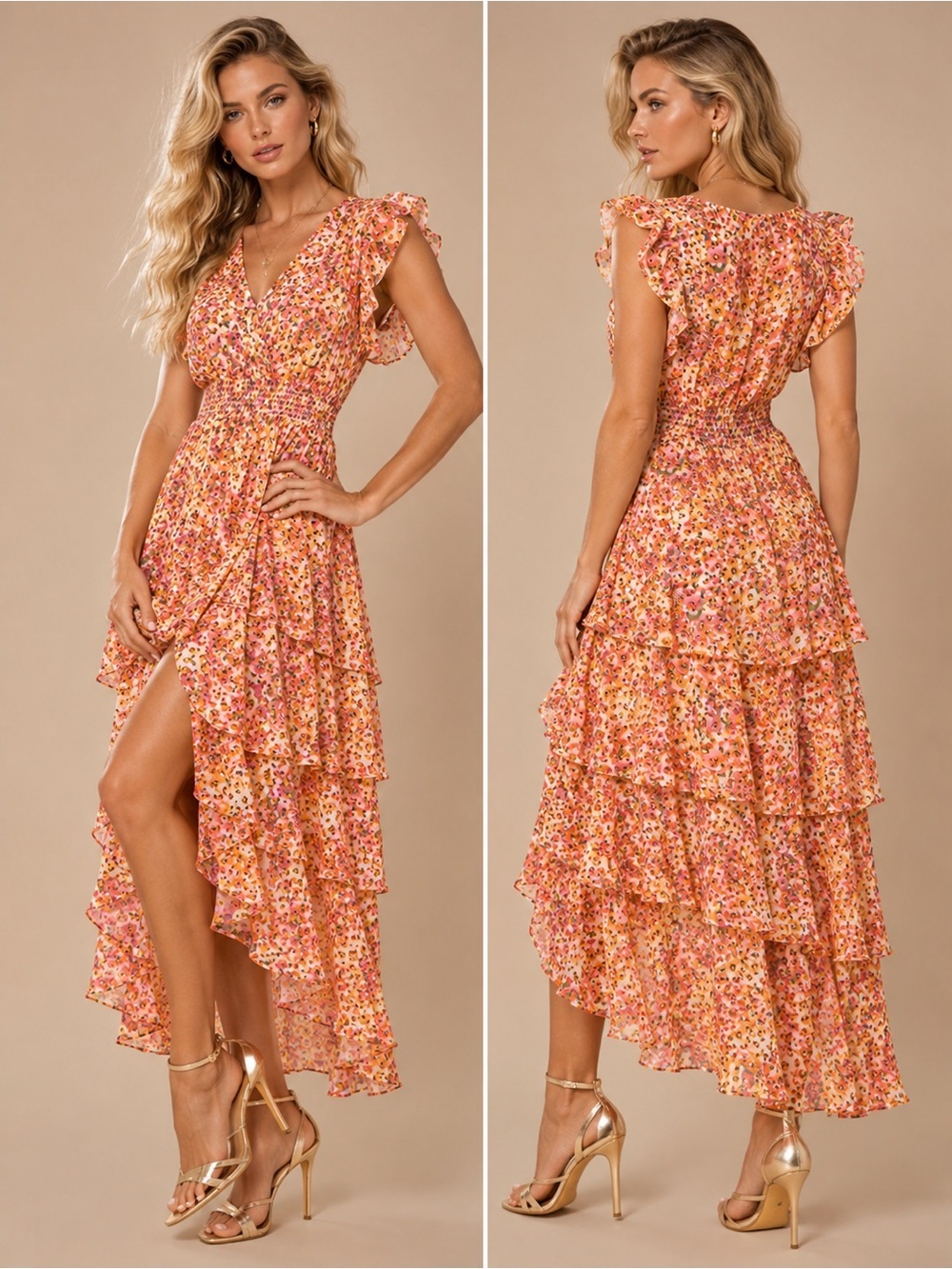 Hale Bob Sania Tiered Chiffon Maxi Dress Floral Ruffle Smocked Size S NWT